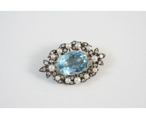 A VICTORIAN AQUAMARINE, DIAMOND AND PEARL BROOCH the oval-shaped aquamarine is set within a foliate surround of old brilliant