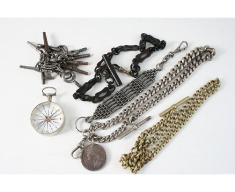 A QUANTITY OF WATCH KEYS various Albert watch chains and a metal compass.