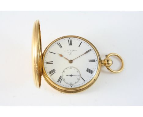 AN 18CT. GOLD FULL HUNTING CASED POCKET WATCH the white enamel dial signed Willm B. Crisp, London 2/1894, with Roman numerals