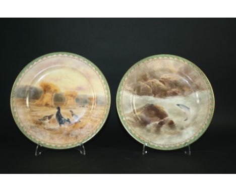 ROYAL DOULTON SIGNED PLATES - BIRBECK 2 signed plates, one painted with a leaping salmon in a stream, the other painted with 