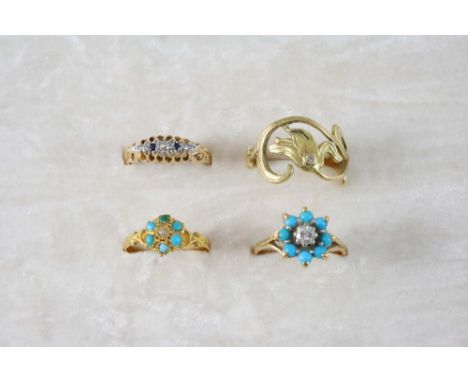 A DIAMOND AND TURQUOISE CLUSTER RING set in 18ct. gold, size O, a turquoise and pearl cluster ring, set in 15ct. gold, size N