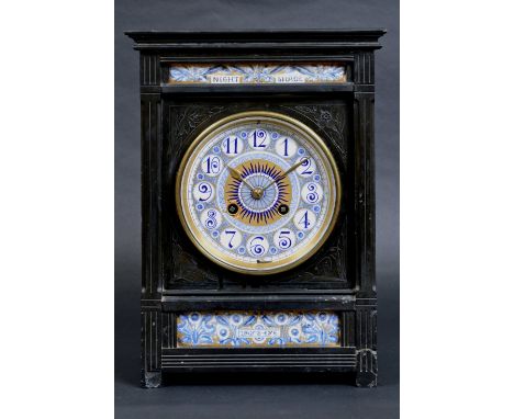 AESTHETIC MOVEMENT MANTLE CLOCK - SLATE attributed to Lewis Foreman Day, made in slate with a pottery dial and panels. The pa