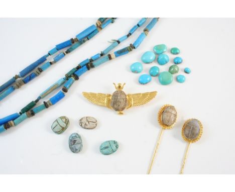 A QUANTITY OF JEWELLERY including a gold scarab brooch, two gold and scarab stick pins, four assorted scarabs, loose turquois