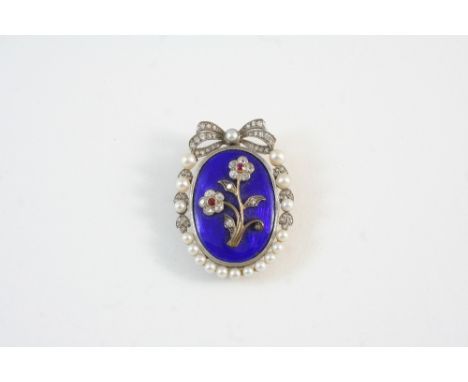 A GEORGIAN ENAMEL, DIAMOND AND PEARL BROOCH PENDANT the central blue enamel section with diamond and ruby foliate applied dec