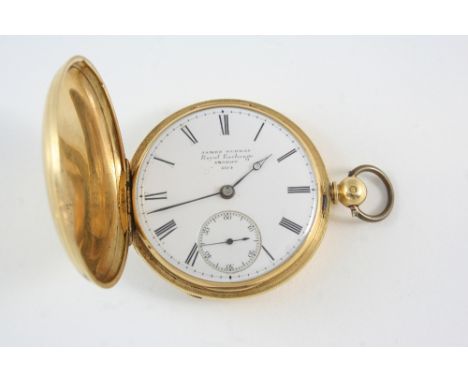 AN 18CT. GOLD FULL HUNTING CASED POCKET WATCH the white enamel dial signed James Murray Royal Exchange London 5514, with Roma
