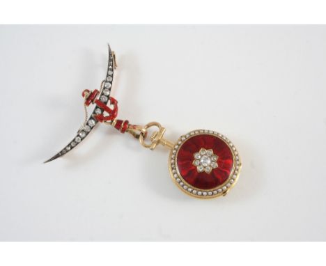 A VICTORIAN LADY'S ENAMEL AND DIAMOND FOB WATCH the cream enamel dial with Arabic numerals, within a surround of small pearls