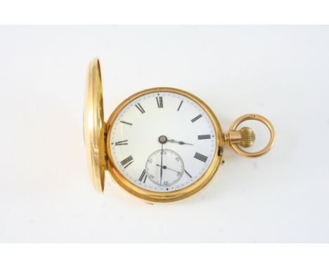 AN 18CT. GOLD HALF HUNTING CASED POCKET WATCH the white enamel dial with Roman numerals and subsidiary seconds dial, the thre