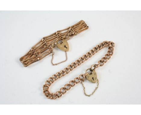 A 9CT. GOLD CURB LINK BRACELET with padlock clasp, 20cm. long, 11 grams, together with a 9ct. gold gate link bracelet, with p