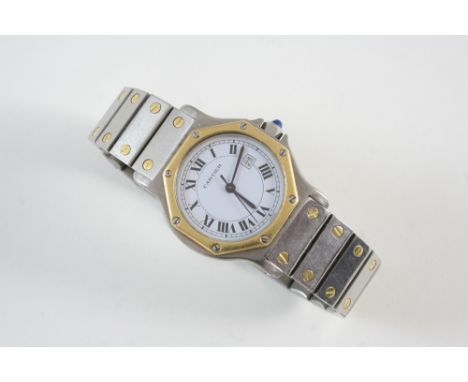 A STAINLESS STEEL AND GOLD AUTOMATIC WRISTWATCH BY CARTIER the octagonal-shaped dial with Roman numerals, sweep seconds hand 