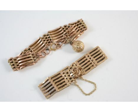 A 9CT. GOLD GATE LINK BRACELET 26 grams, together with another 9ct. gold gate link bracelet, suspending a gold ball, 18 grams