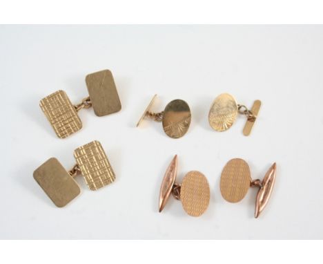 A PAIR OF 9CT. GOLD CUFFLINKS of rectangular form, with engine-turned decoration, together with two other pairs of 9ct. gold 