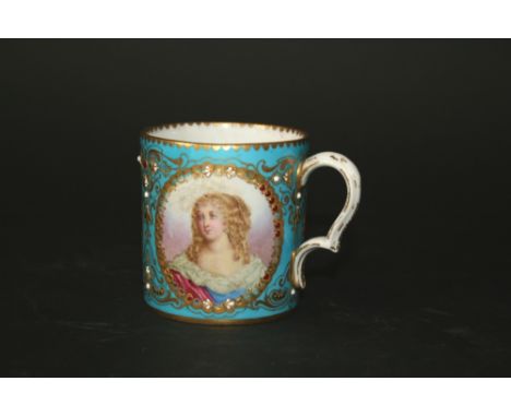 SEVRES COFFEE CAN painted with three portraits, Mc de Greigman, M de la Crimonille, and another portrait. With a turquoise gr