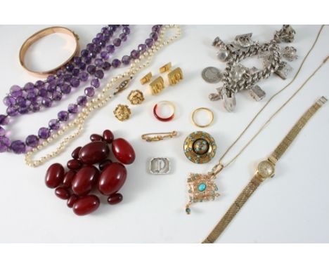 A QUANTITY OF JEWELLERY including a turquoise and seed pearl pendant, set in gold, a pair of 18ct. gold cufflinks, a single r