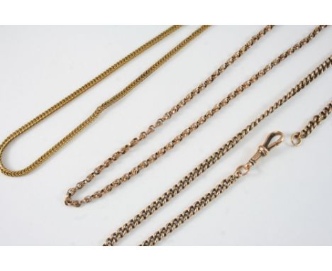 A 9CT. GOLD CURB LINK WATCH CHAIN 37cm. long, 19 grams, together with a 9ct. gold chain necklet, 45cm. long, 9 grams, and a 9
