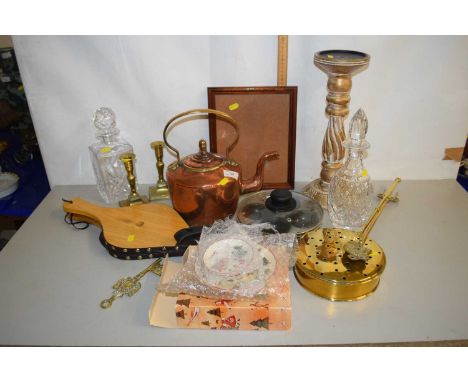 Mixed Lot: Copper kettle, chestnut roaster, toasting fork, various decanters, candlestick etc