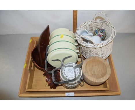 Mixed Lot: Wooden serving trays, enamel food storage container etc