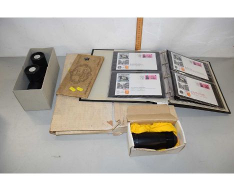 Mixed Lot: Album of various Channel Islands first day covers, assorted projector accessories, album of Carreras cigarette car