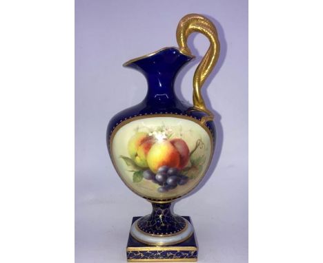 A fine quality early 20th century Royal Worcester ewer, c.1909, with central panel of fruit signed "R Sebright", factory mark