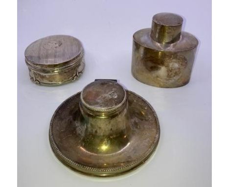 A Silver tea caddy, silver capstan inkwell and a box&nbsp;