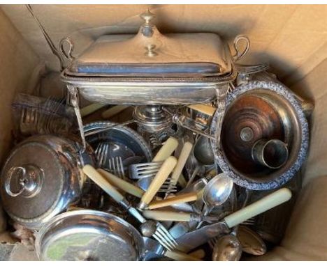 A collection of silver plate including coaster, warmer dish and a qty of flatware&nbsp;