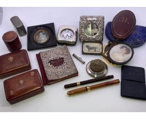 A collection of silver mounted items, portrait miniatures, boxes pens and similar&nbsp;