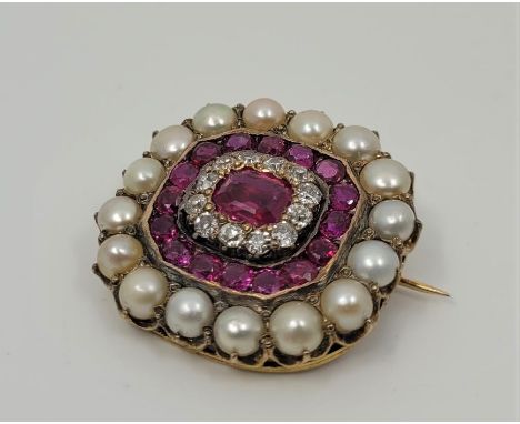 A Victorian precious yellow metal ruby, diamond and natural pearl brooch, the raised centre set emerald cut natural ruby to b