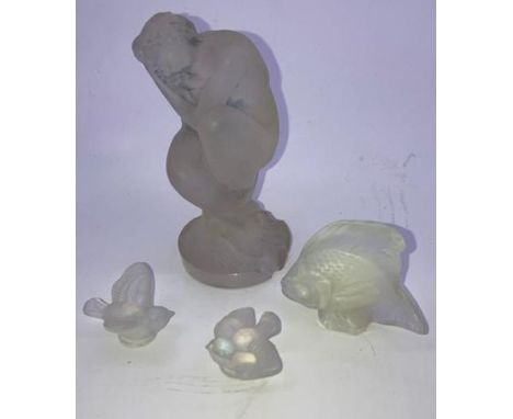 A R Lalique Naiade opalescent glass car mascot, signed to base, at fault, height 10.3cm, together with a Lalique opalescent g