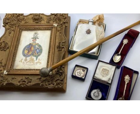 An East Surrey reg swaggers stick and associated items and a framed 19th cent Armorial crest "Esperance"