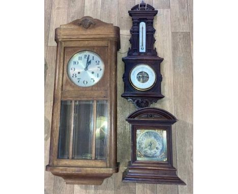 An early 20th cent mantle clock, a 1920s wall clock and a barometer&nbsp;