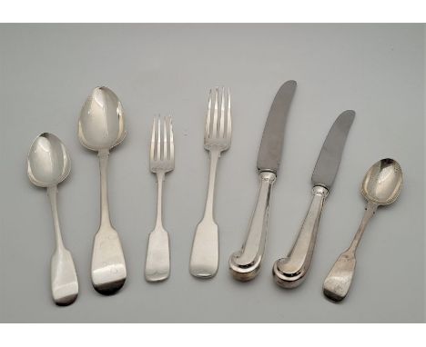 A matched set of early 19th century silver Fiddle pattern flatware for twelve,&nbsp;comprising;12 x table spoons (5 x Robert 