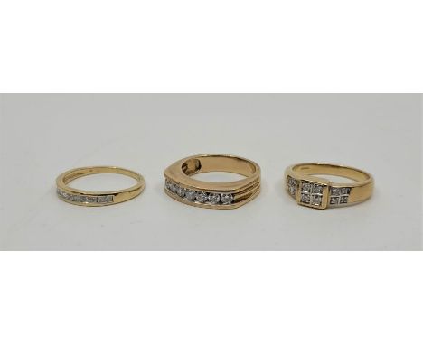 A collection of six assorted 9ct. yellow gold stone set rings, to include: A 9ct. gold diamond half-hoop ring, channel set se