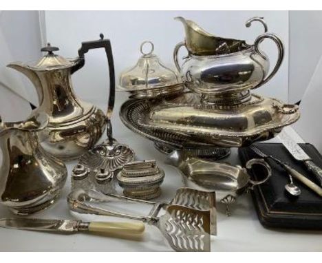 lA large collection silver plate to include teapots, flatware trays et al