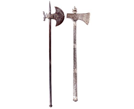 Two 19th Century Indian all-steel axes, the first a tabor with small head to an octagonal section haft, allover silver koftga