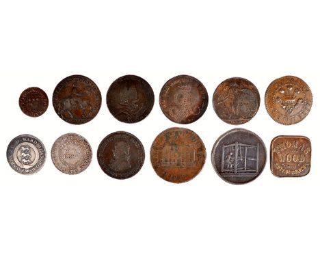 A small collection of tokens (12), comprising: Poole, Mayor of the Town and County, 1667.; Hull, Halfpenny, 1791, William II 