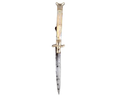 A 19th Century locking clasp knife, blade 5 1/2 in., white metal mounted hilt with foliate engraved Mother-o'-Pearl grips (ea