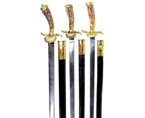 Three late 19th/early 20th Century hunting swords, brass hilts with scallop shell guards, hoof terminal quillons, staghorn gr