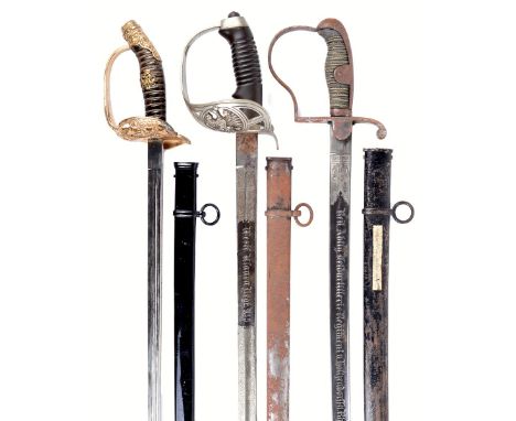 Three Imperial German swords: a Prussian model 1889 infantry officer's sword, straight bi-fullered blade 28.75 in., marked fo