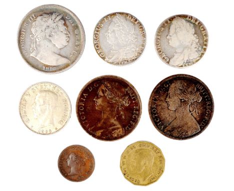 George II, Shillings (2), 1745, Lima, one nearly very fine, the other near fine ; Half Crown, 1816, fine, reverse better; Hal