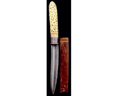 λ A South East Asian dagger (dha), blade 6 in. with slight forward curve and 3.5 in. false back edge, central fuller and impr