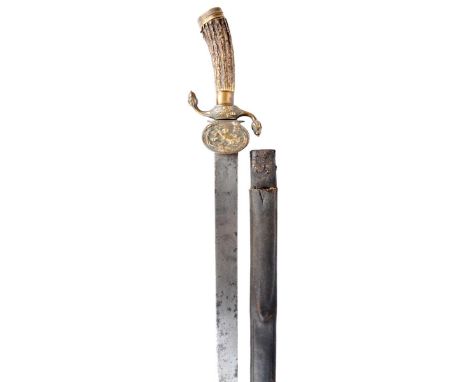 A 19th Century continental hunting sword, blade 22 in., brass hilt, shell embossed with dogs bringing down a boar, S-curve qu