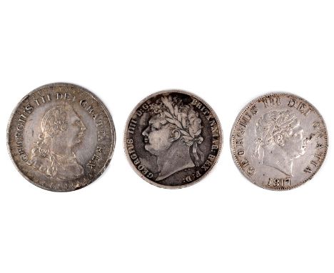 Silver Three Shillings, George III, 1811, Bank of England issue, first bust; Halfcrown, 1817, small head, edge milled; Halfcr