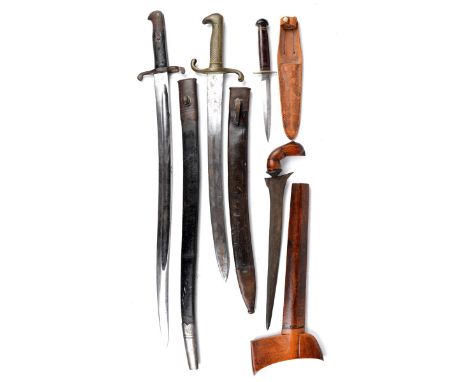 A British 1860 pattern sword bayonet, with sold out of service mark, steel mounted leather scabbard; a 19th Century German in