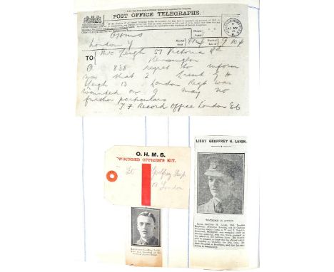 An album of Great War era cuttings, containing much material relating to Lieutenant Geoffrey Hamilton Leigh of the 13th (Firs