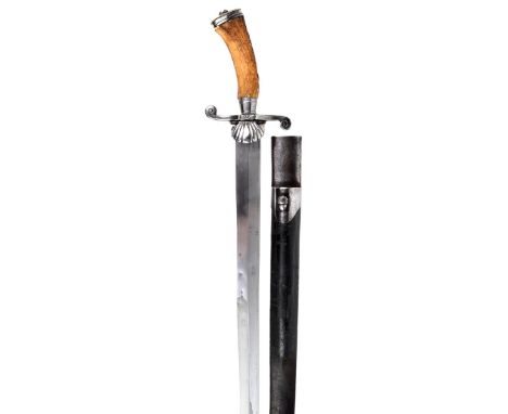A 19th Century German hunting sword, diamond section blade 16.5 in., steel hilt with scrolling quillons and small scallop she