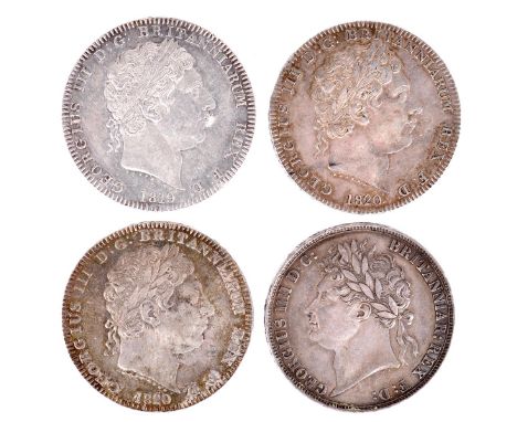 Silver Crowns (4), George III, 1819, edge LIX; 1820 (2); George IV, 1821, edge SECUNDO (S 3787; 3805). The first nearly extre