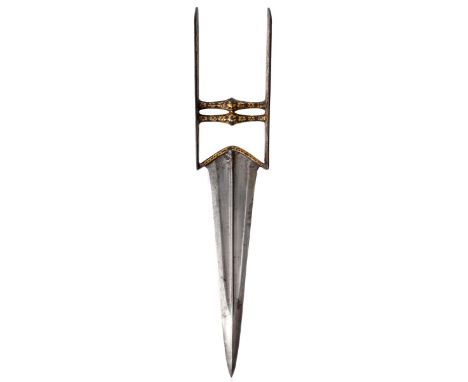 An Indian dagger (katar), triangular blade 9.5 inches with swollen tip and medial ridge, iron hilt of characteristic form wit