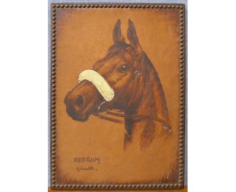 A portrait of Red Rum, painting on leather laid on board, 50 x 36cms