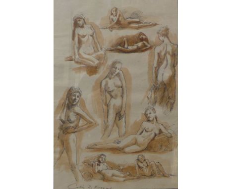 Colin S. Frooms, female nude studies, pen, ink and watercolour and a male nude pastel portrait