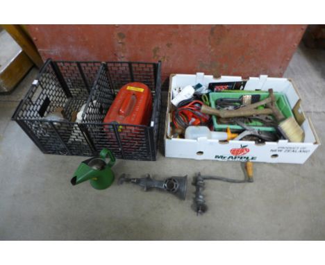 Two boxes of assorted tools including fuel cans, mincer, railway lantern, etc.