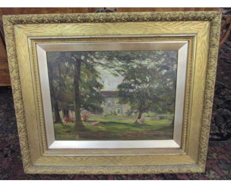 A E Sketch - Cows in front of a country house, oil on board mounted in a gilt frame